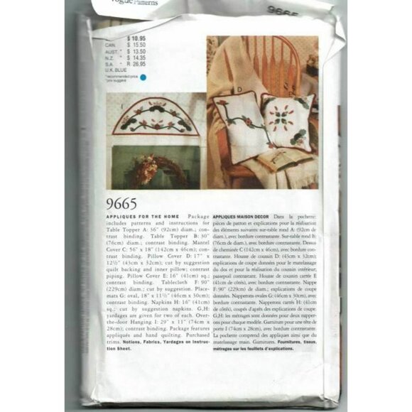 Vogue Patterns 9665 Home Table & Chair Decor Set Appliques Pattern - Picture 2 of 2